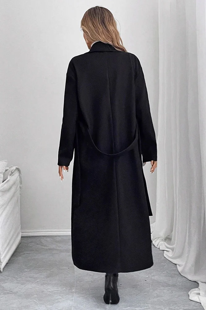 Black Belted Wool Blend Relaxed Overcoat - Image 4
