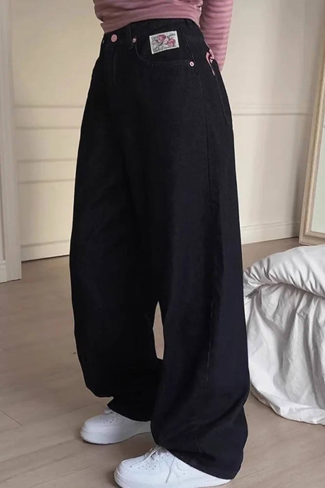 Black Embroidery Letter Print High Waist Jeans - Image 2