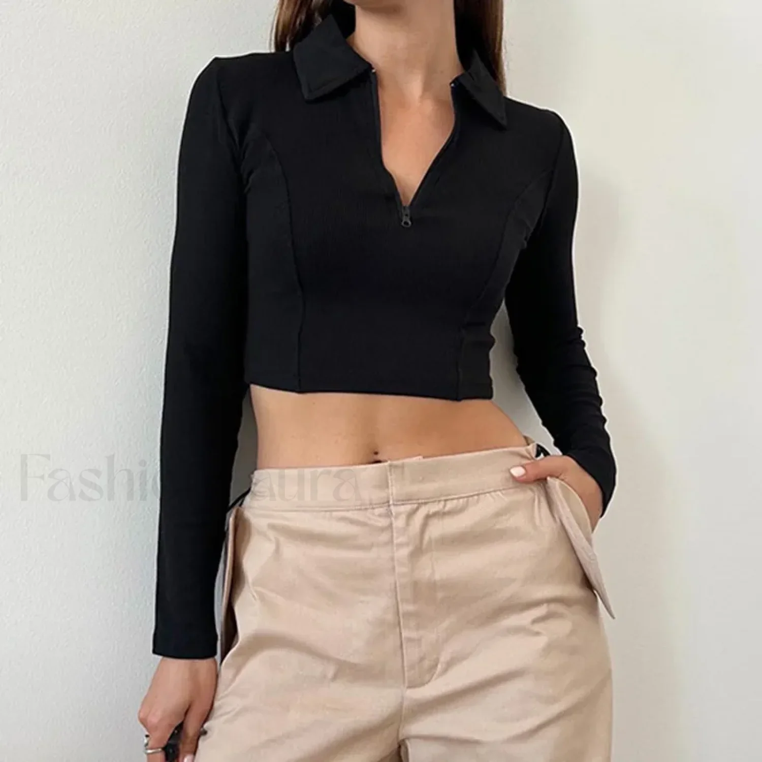Black Long Sleeve Zipper Crop Top Casual Fashion T-Shirt - Image 2