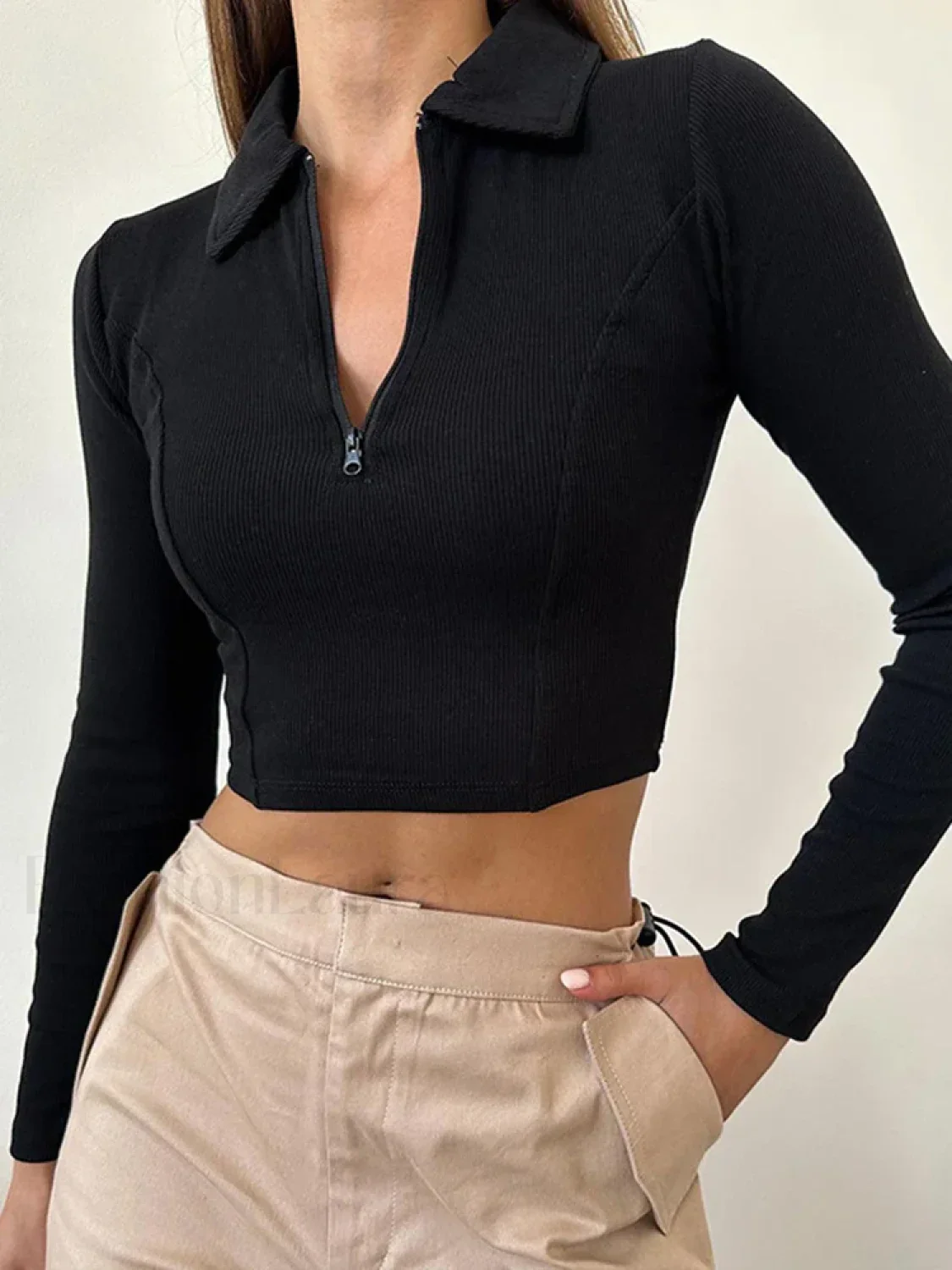 Black Long Sleeve Zipper Crop Top Casual Fashion T-Shirt - Image 4