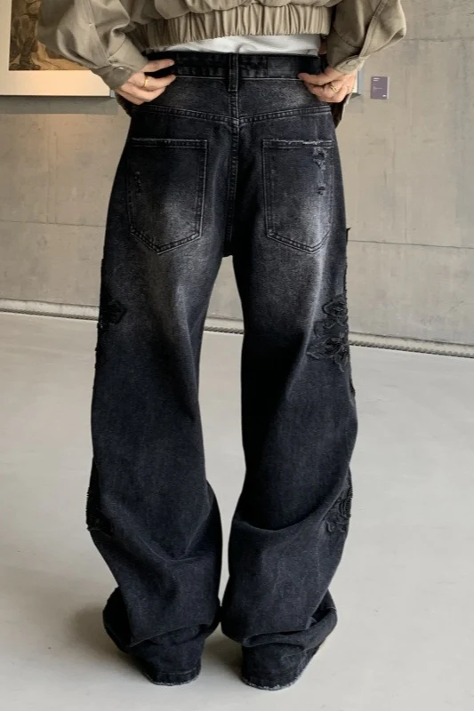 Black Washed Graffiti Faux Ripped Relaxed Straight Jeans - Image 3