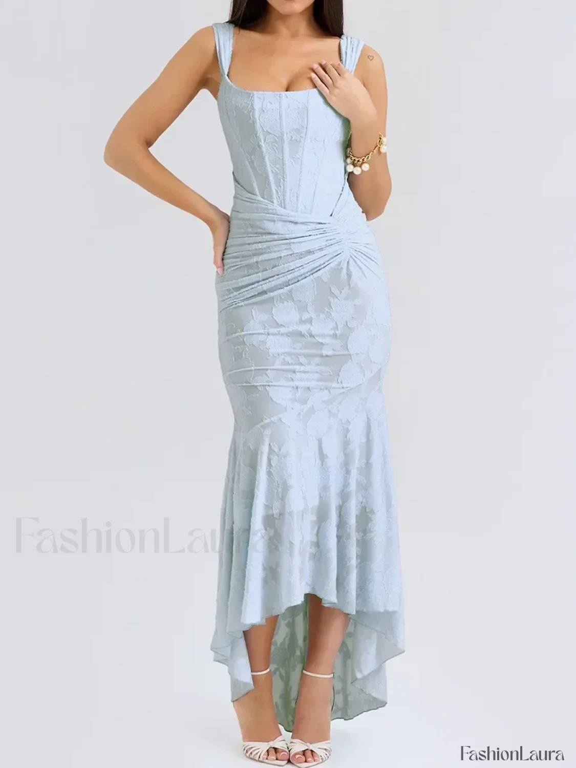Blue Floral Gathered Maxi Dress - Image 17