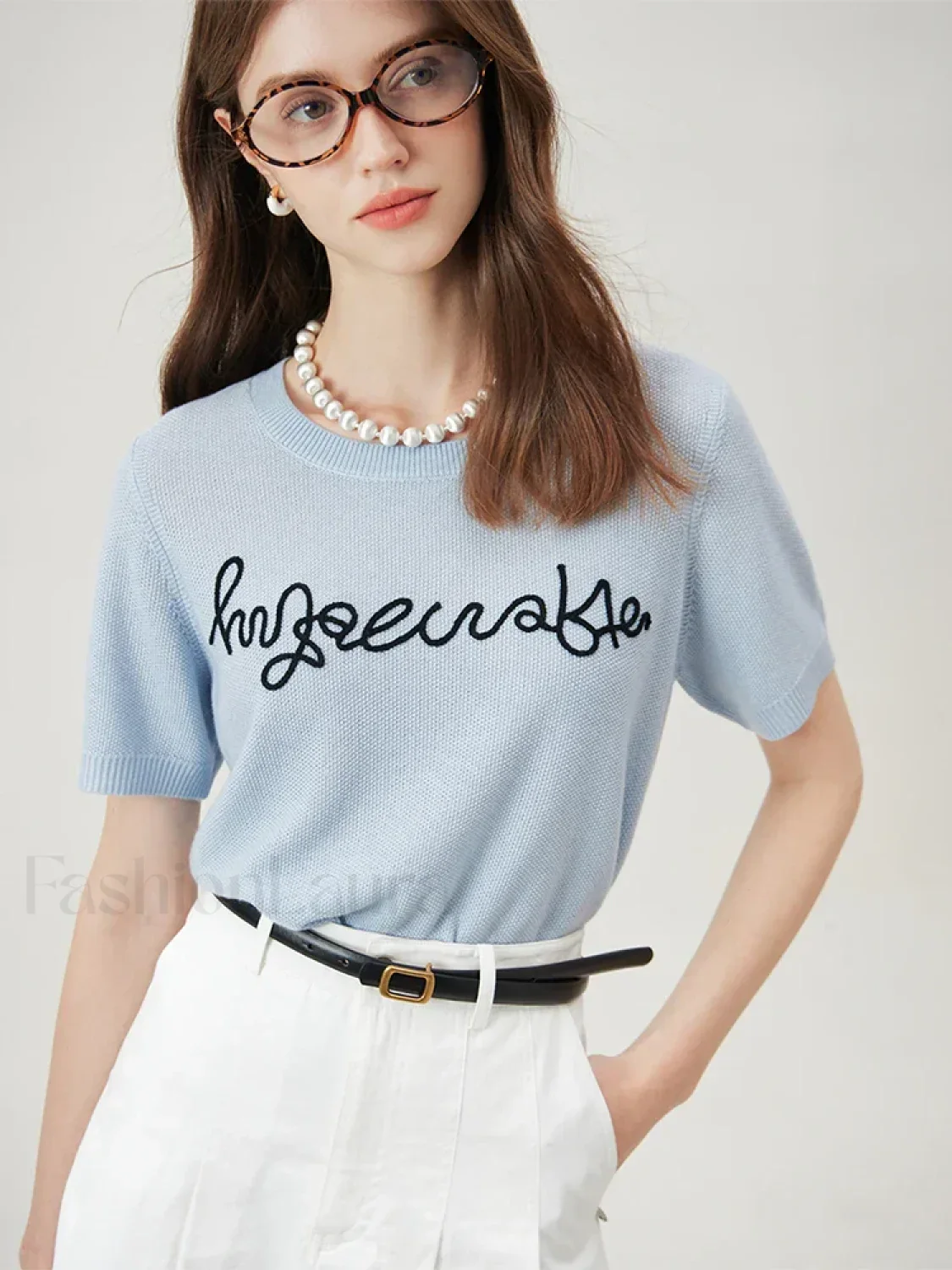 Blue Letter Embroidery Knit T-Shirt