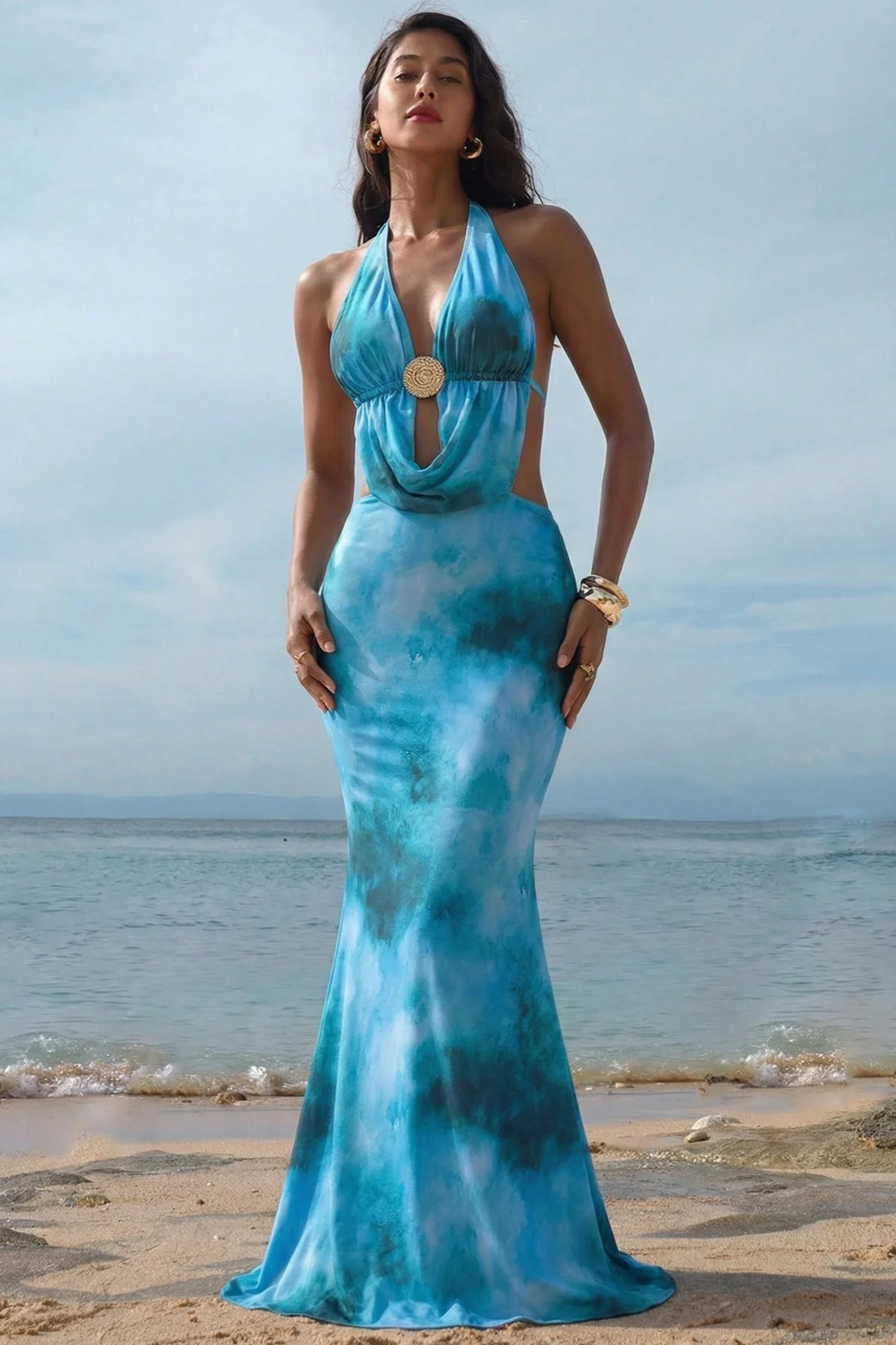 Blue Sexy Tie Dye Beach Cover Vacation Dress - Image 3