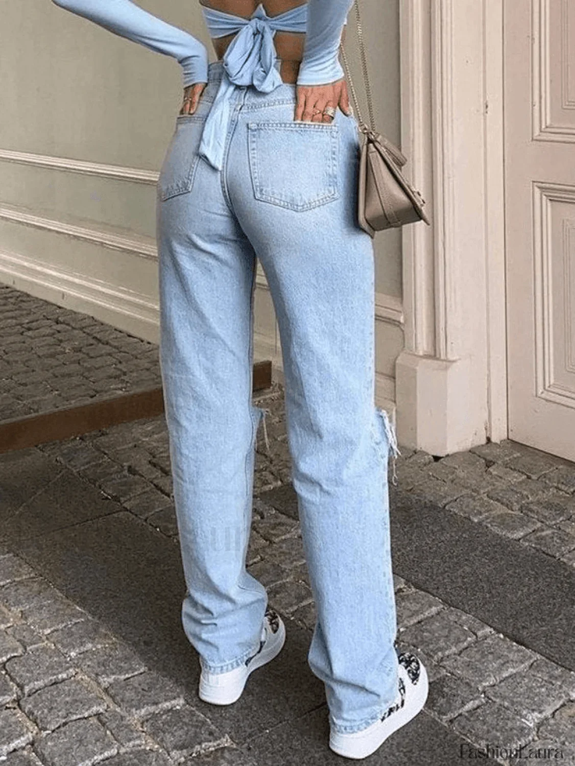 Blue Wash Straight Leg Knee Ripped Jeans - Image 9
