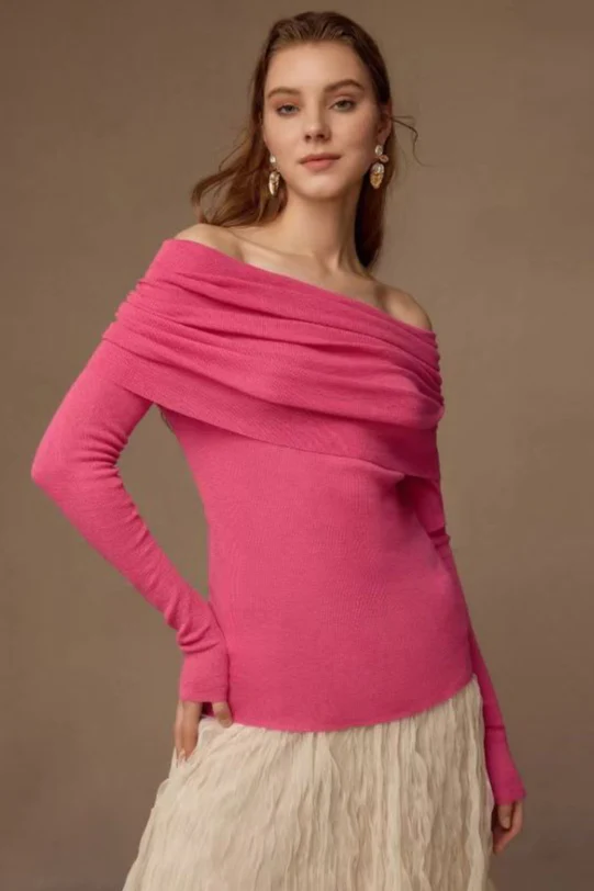 Boat Neck Wool Knit Bodycon Sweater - Image 2