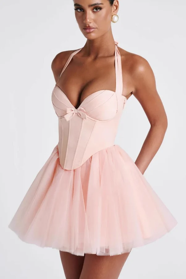 Boned Halter Lace Tie Waist Tulle Mini Dress - Image 3