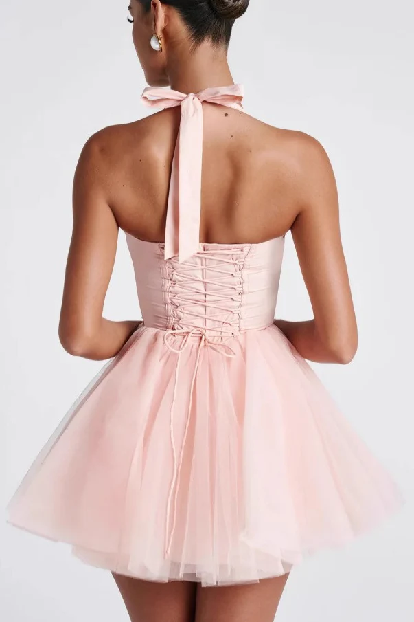 Boned Halter Lace Tie Waist Tulle Mini Dress - Image 4