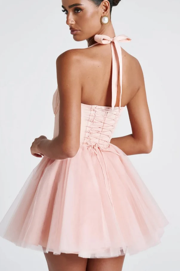 Boned Halter Lace Tie Waist Tulle Mini Dress - Image 6