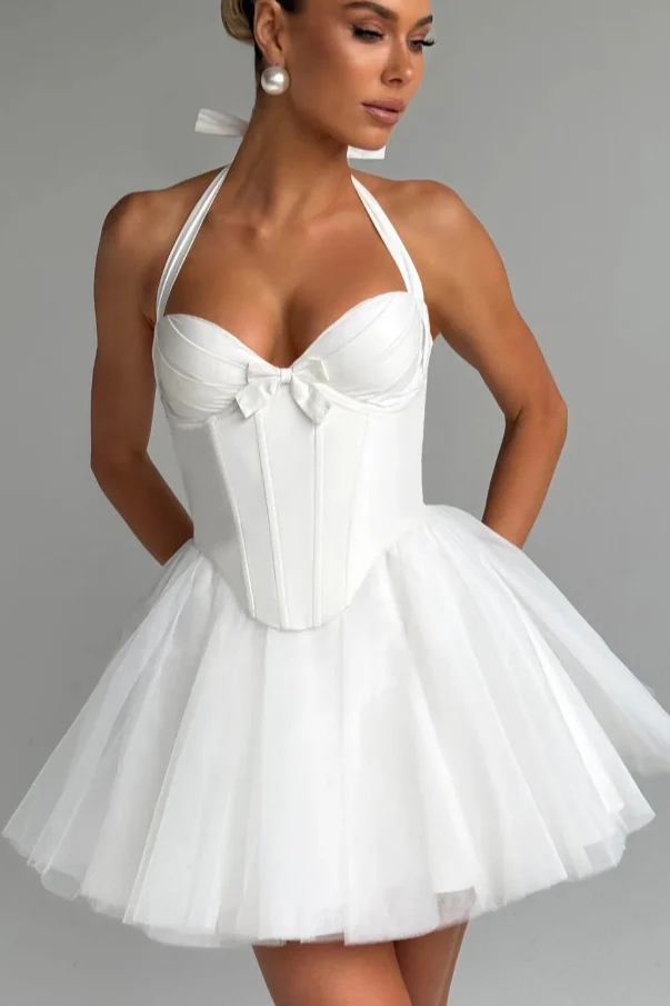 Boned Halter Lace Tie Waist Tulle Mini Dress - Image 7
