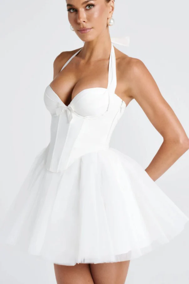 Boned Halter Lace Tie Waist Tulle Mini Dress - Image 8