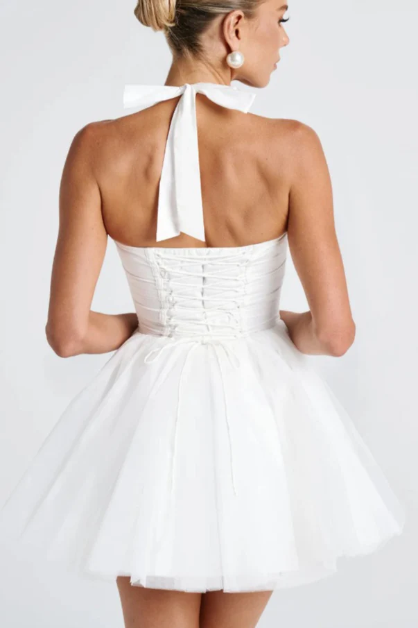 Boned Halter Lace Tie Waist Tulle Mini Dress - Image 9