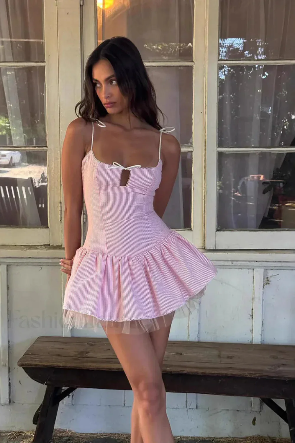 Bow Tie Mesh Cami Puff Mini Dress - Image 2