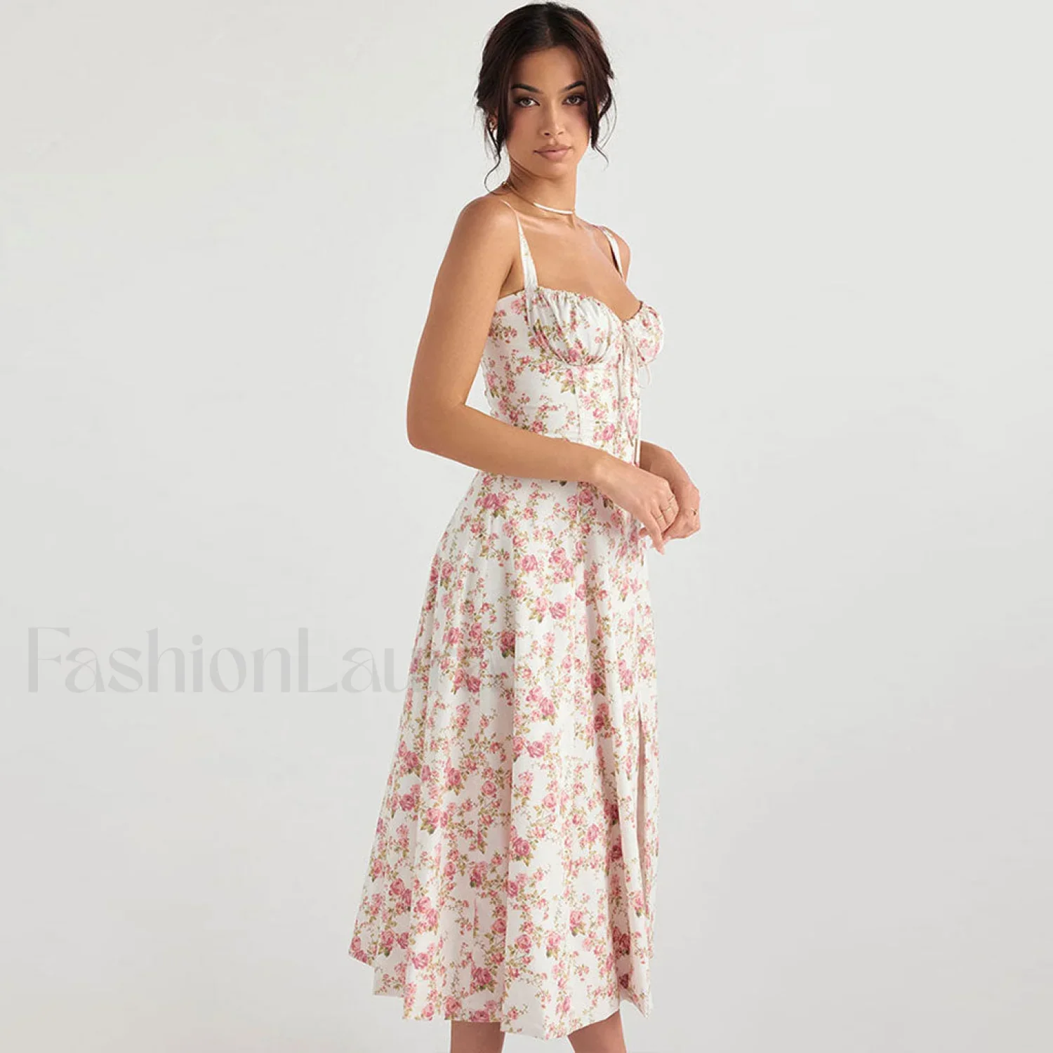 Breezy Floral Printed Lace Up Back Tie String Slit Midi Sundress - Pink - Image 3