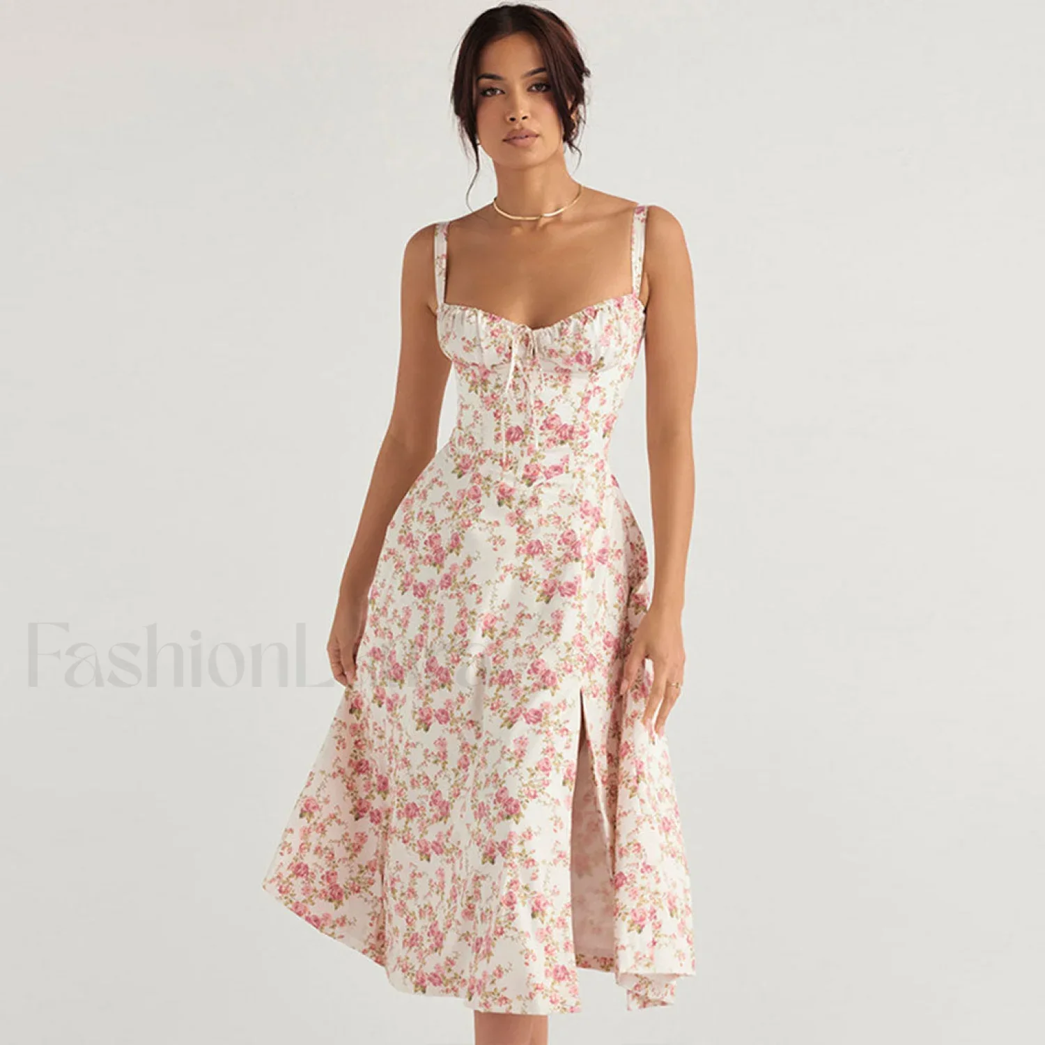 Breezy Floral Printed Lace Up Back Tie String Slit Midi Sundress - Pink - Image 5