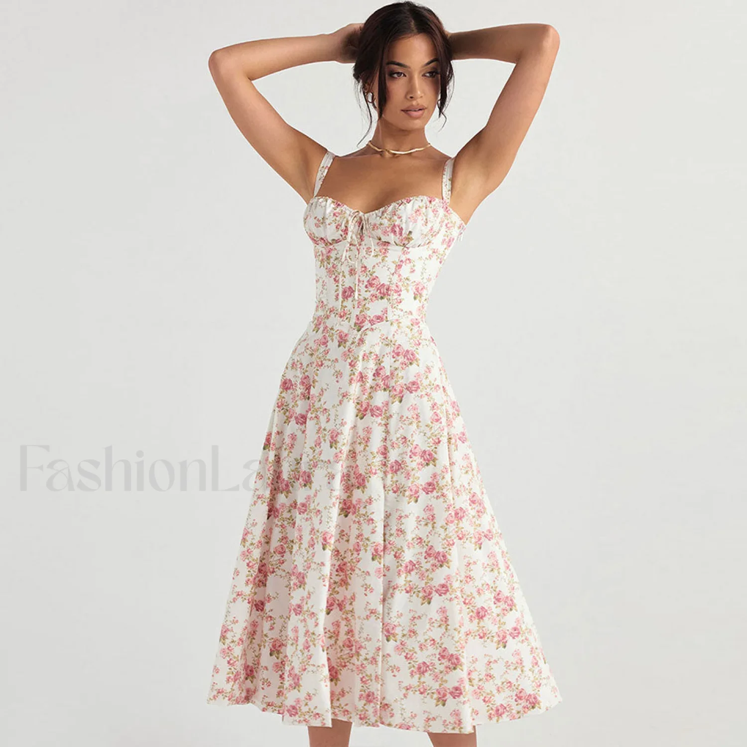 Breezy Floral Printed Lace Up Back Tie String Slit Midi Sundress - Pink - Image 6