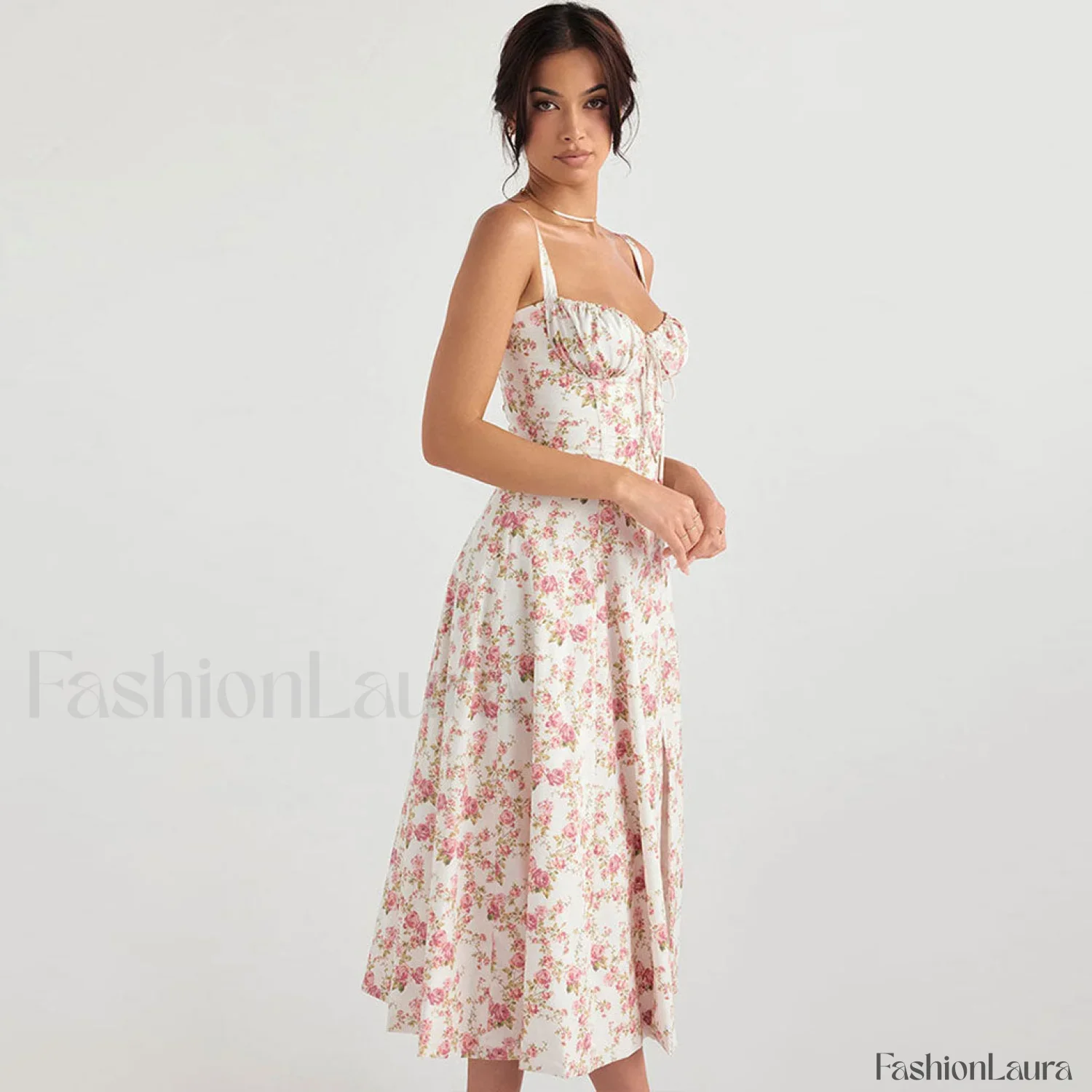 Breezy Floral Printed Lace Up Back Tie String Slit Midi Sundress - Pink - Image 7