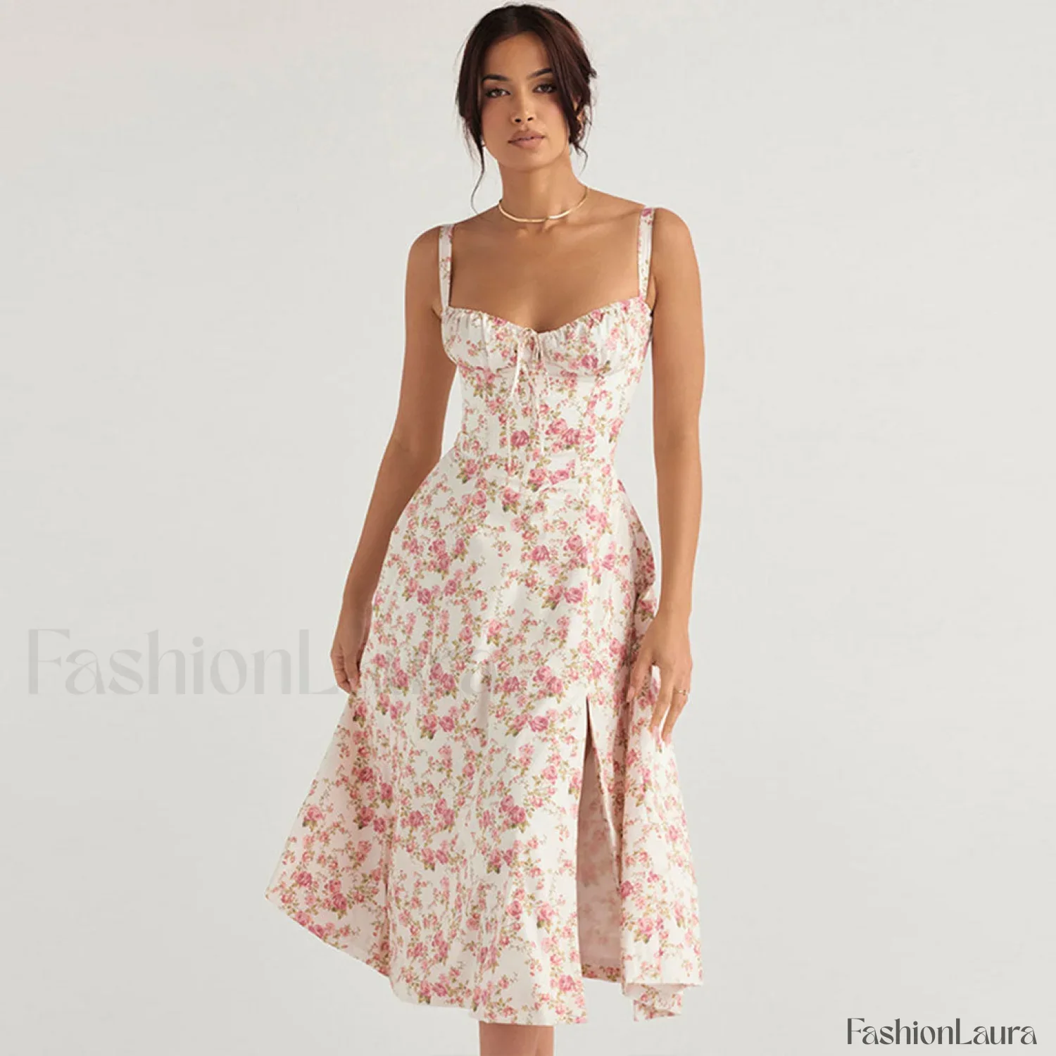 Breezy Floral Printed Lace Up Back Tie String Slit Midi Sundress - Pink - Image 8