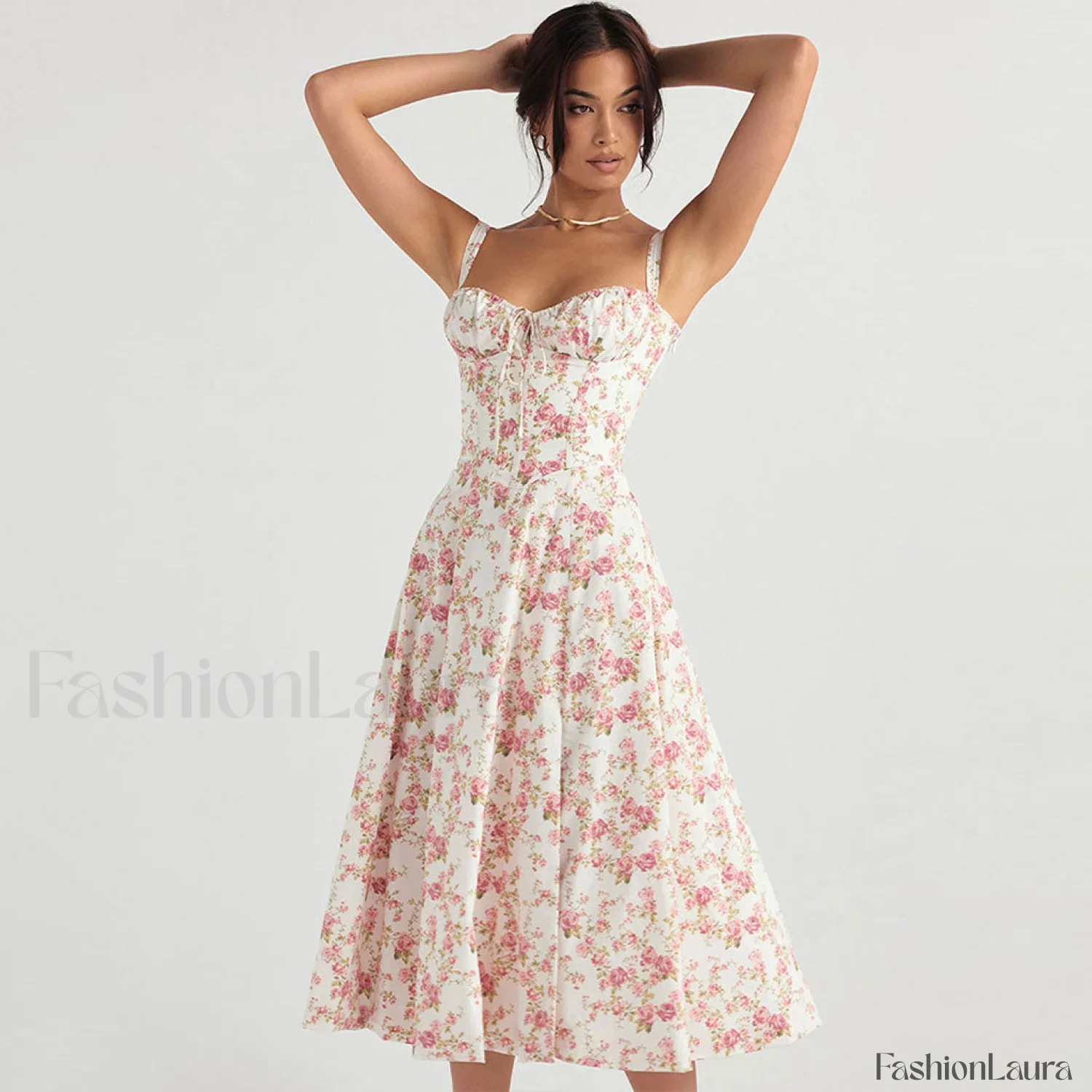 Breezy Floral Printed Lace Up Back Tie String Slit Midi Sundress - Pink - Image 9