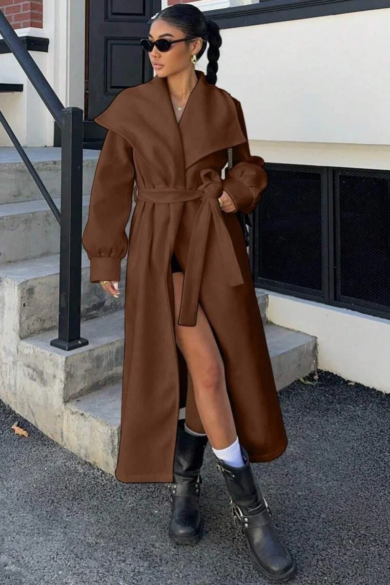 Brown Oversized Lapel Wool Coat - Image 2