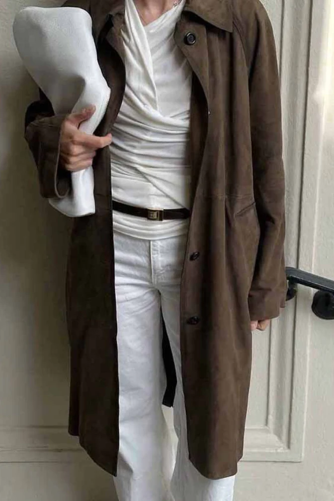 Brown Suede Retro Long Sleeve Overcoat - Image 3