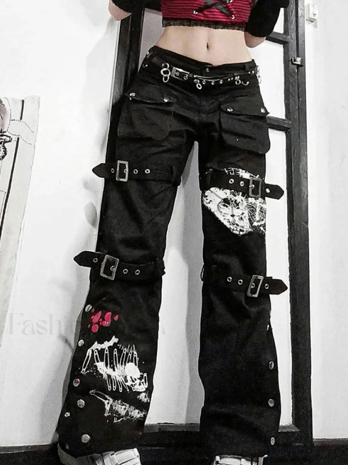 Buckle Strap Printed Cargo Jeans - Image 3