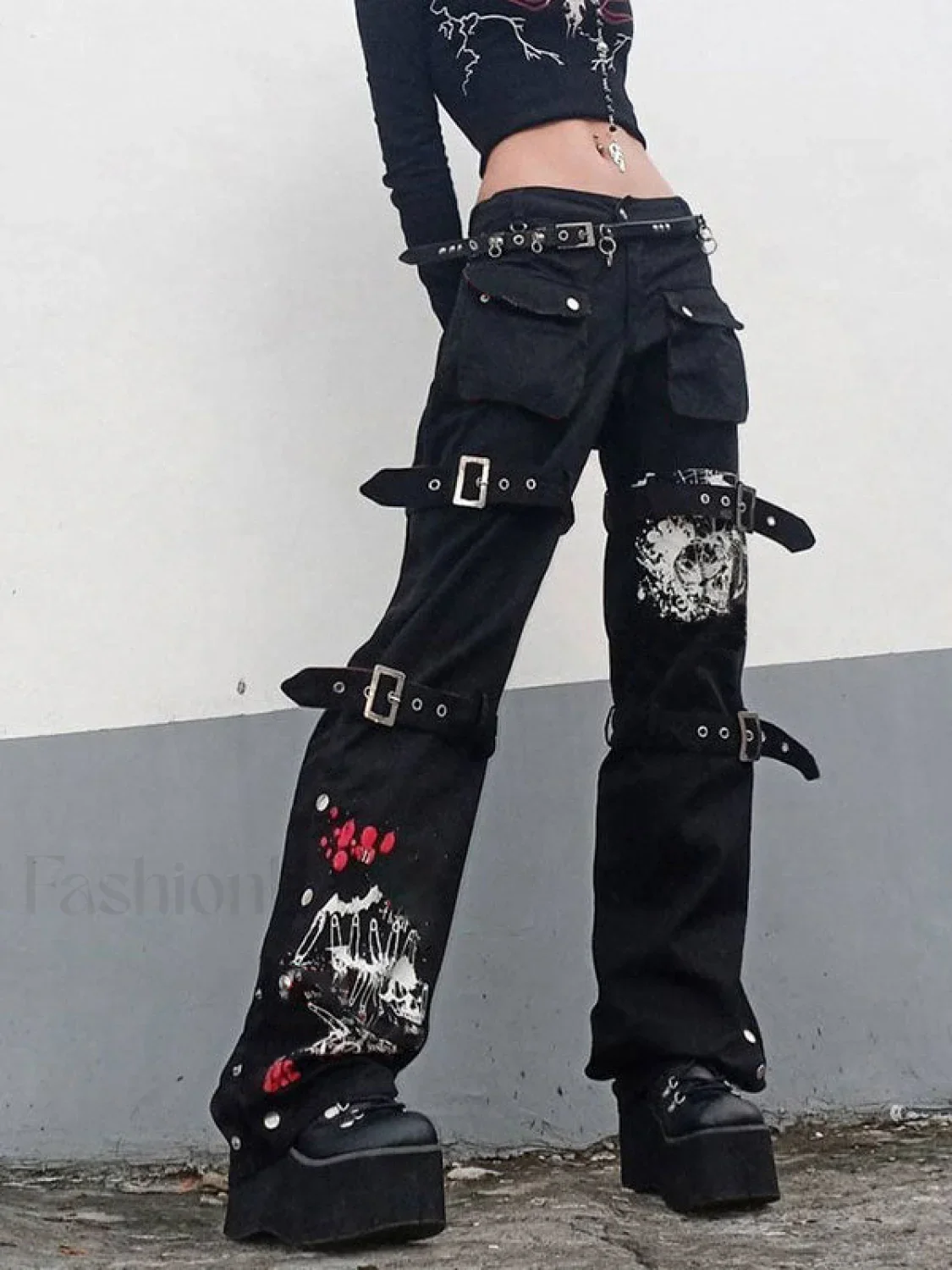 Buckle Strap Printed Cargo Jeans - Image 4