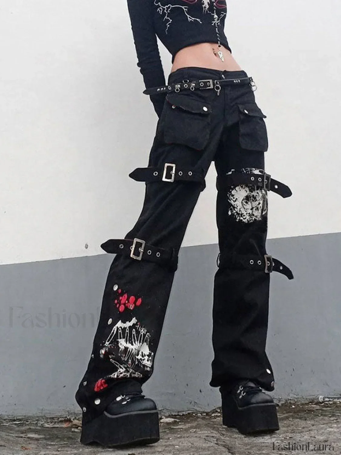 Buckle Strap Printed Cargo Jeans - Image 5