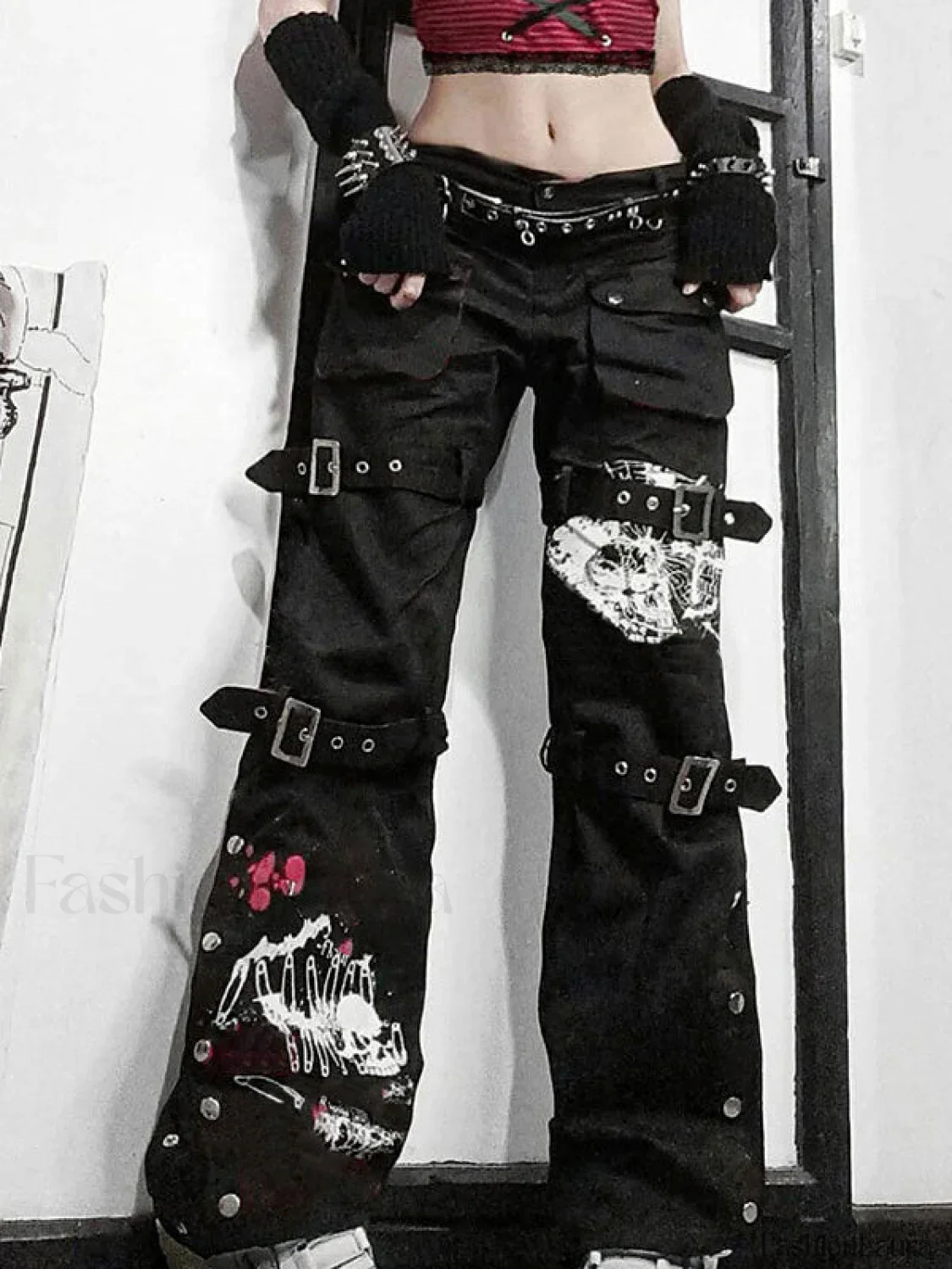 Buckle Strap Printed Cargo Jeans - Image 7