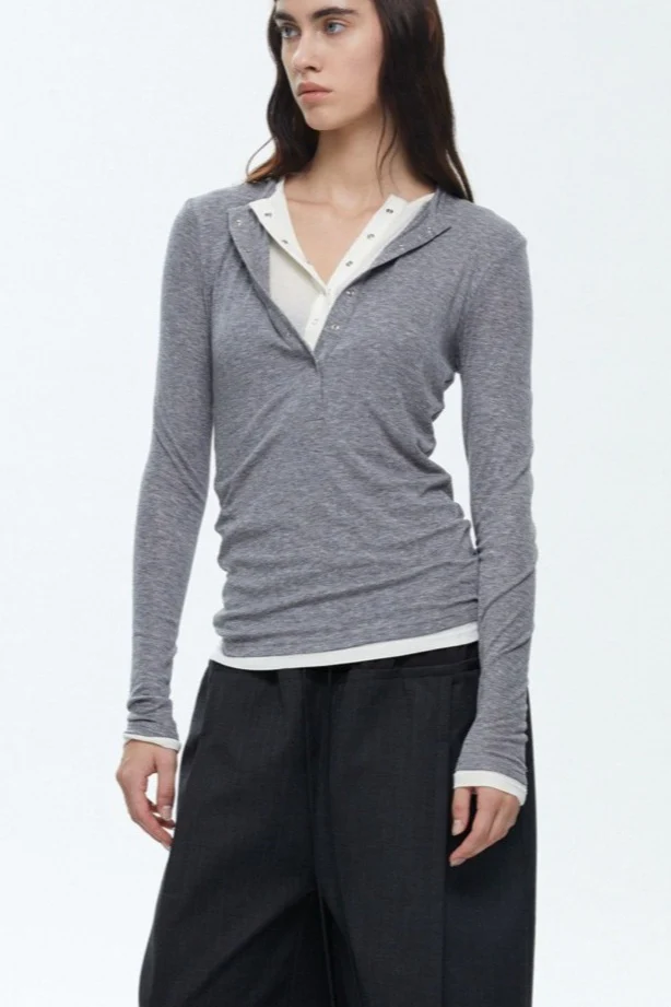Button Detail Layered Long Sleeve Knit Top - Image 2