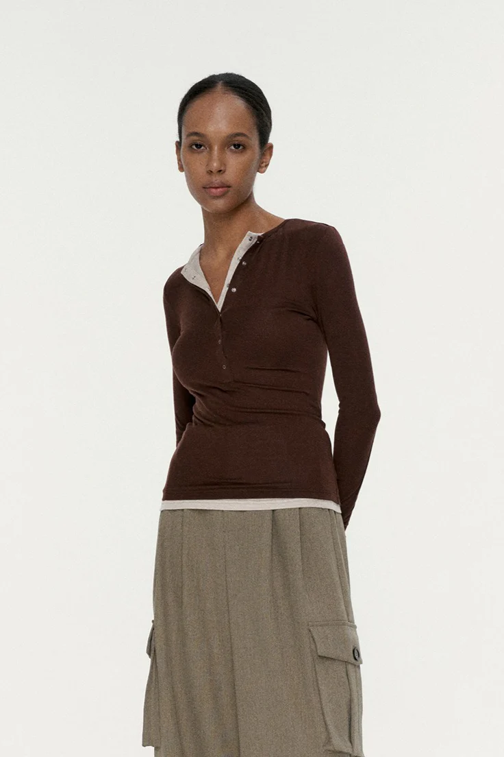 Button Detail Layered Long Sleeve Knit Top - Image 5