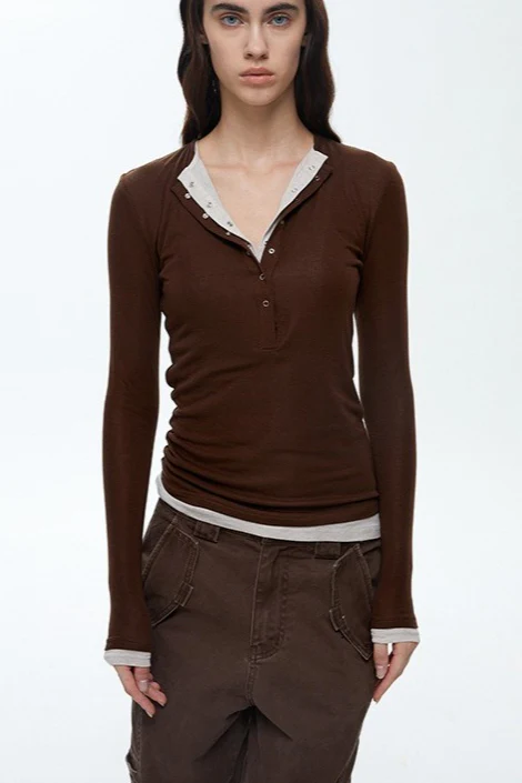Button Detail Layered Long Sleeve Knit Top - Image 6