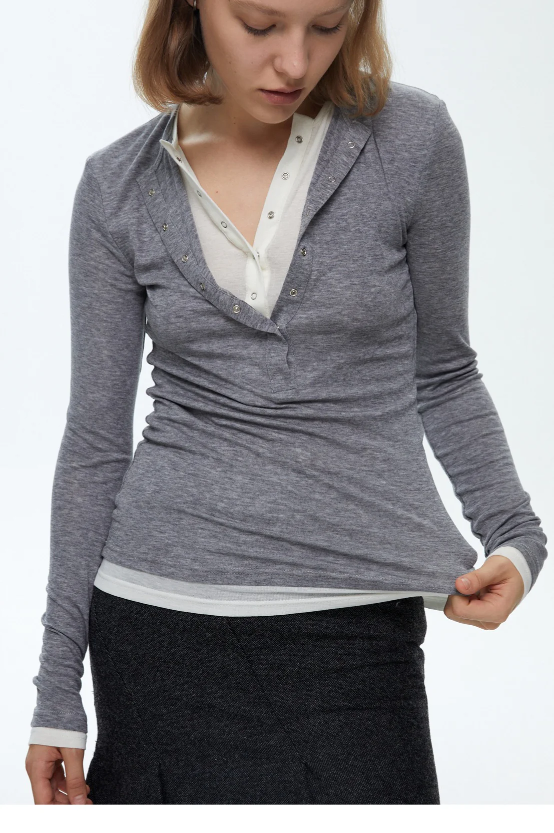 Button Detail Layered Long Sleeve Knit Top - Image 9