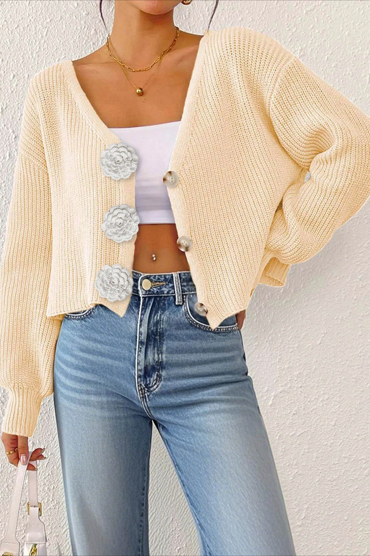 Button Front Crochet Knit Crop Sweater - Image 36