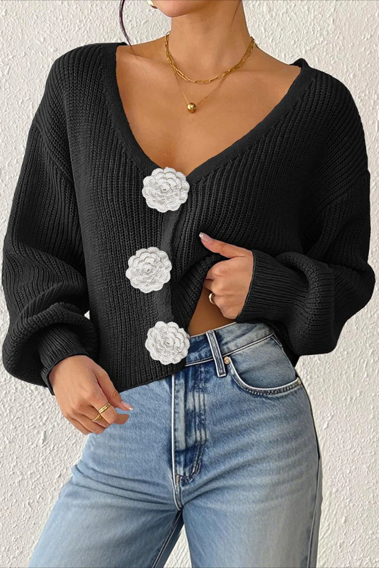 Button Front Crochet Knit Crop Sweater - Image 40