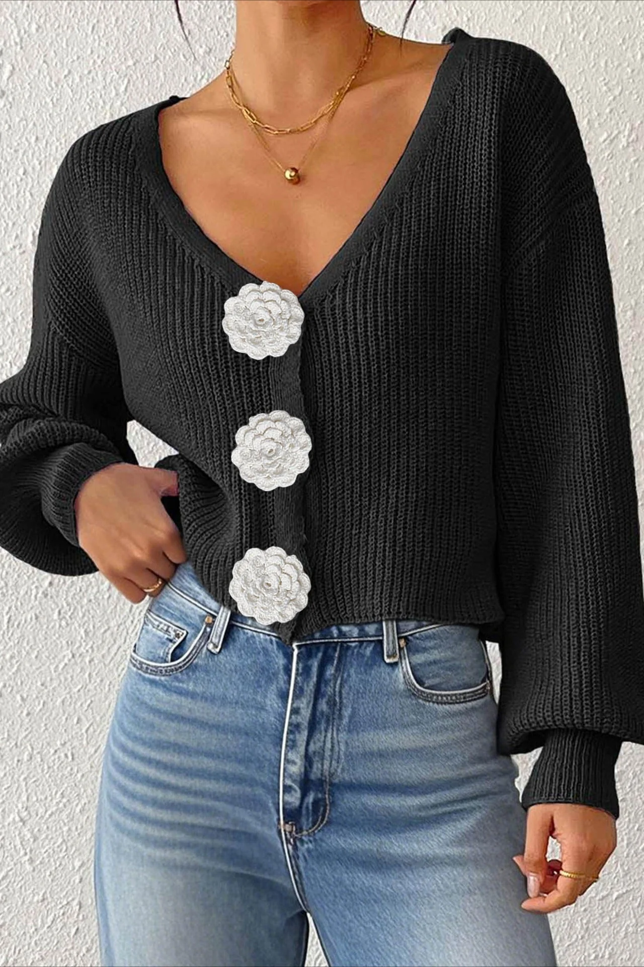 Button Front Crochet Knit Crop Sweater - Image 42