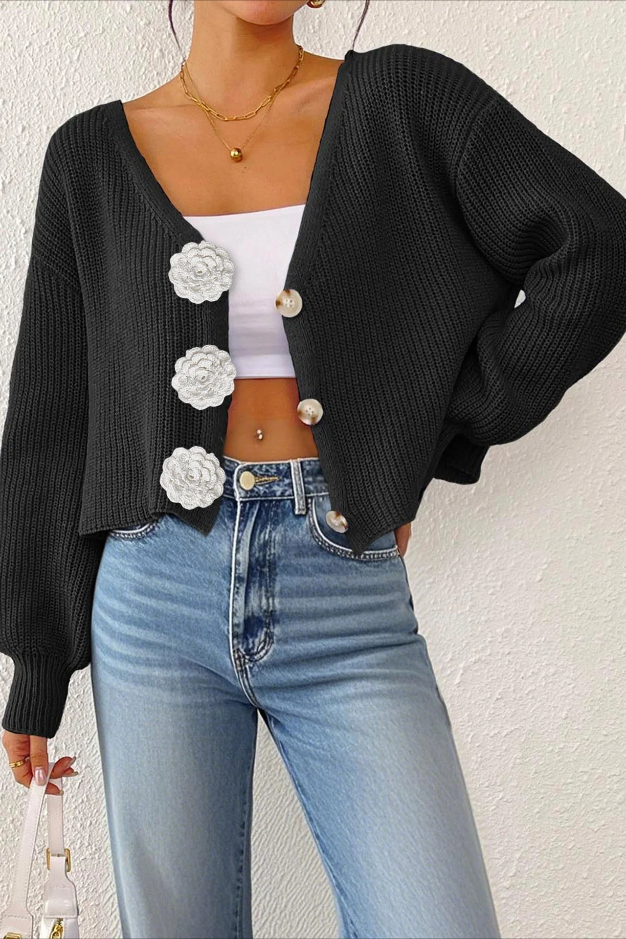Button Front Crochet Knit Crop Sweater - Image 9