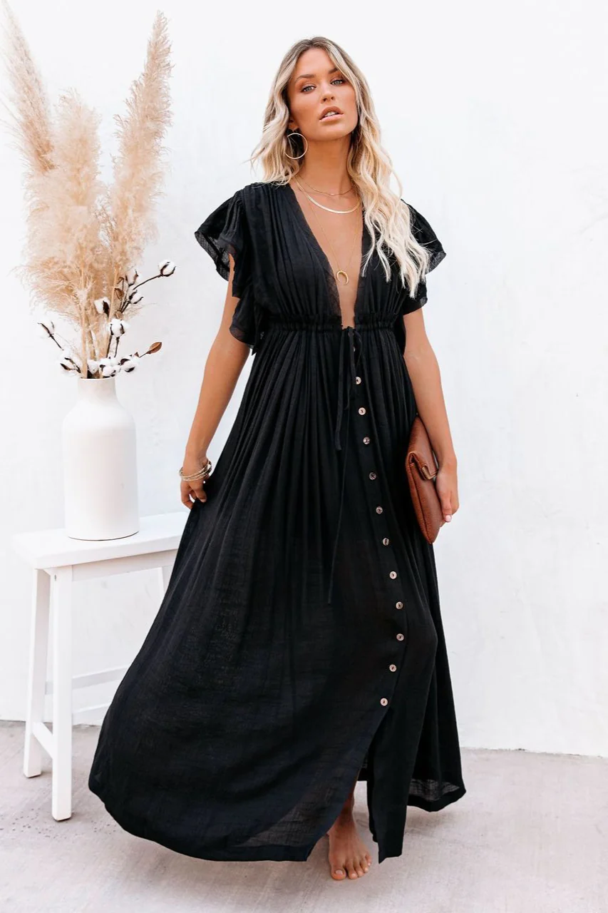Button Front Drawstring Waist Maxi Boho Dress - Image 11