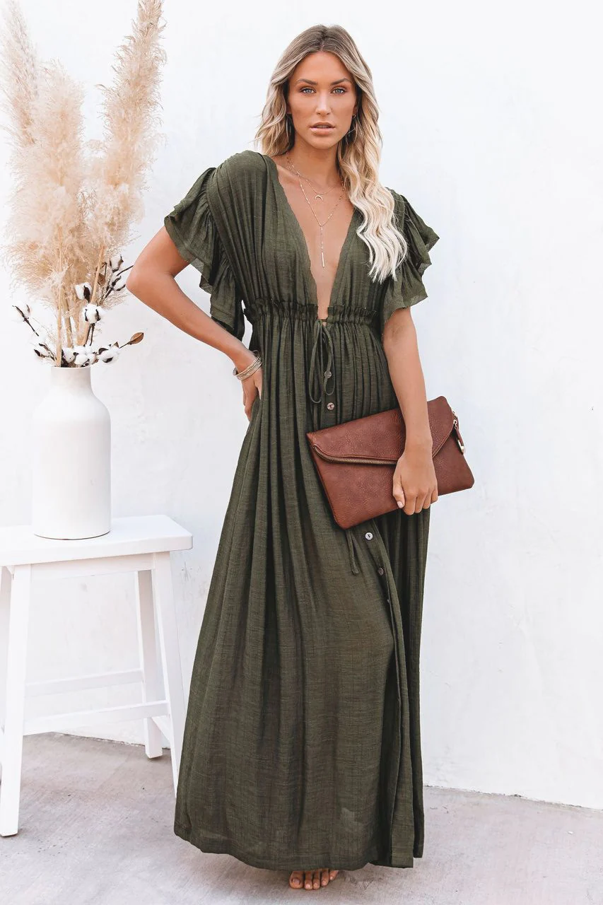 Button Front Drawstring Waist Maxi Boho Dress - Image 12