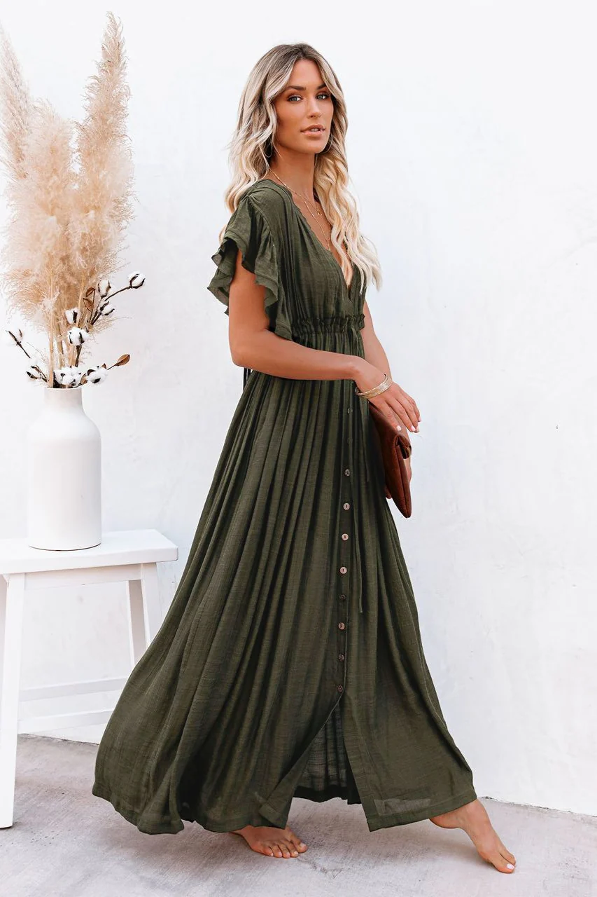 Button Front Drawstring Waist Maxi Boho Dress - Image 13