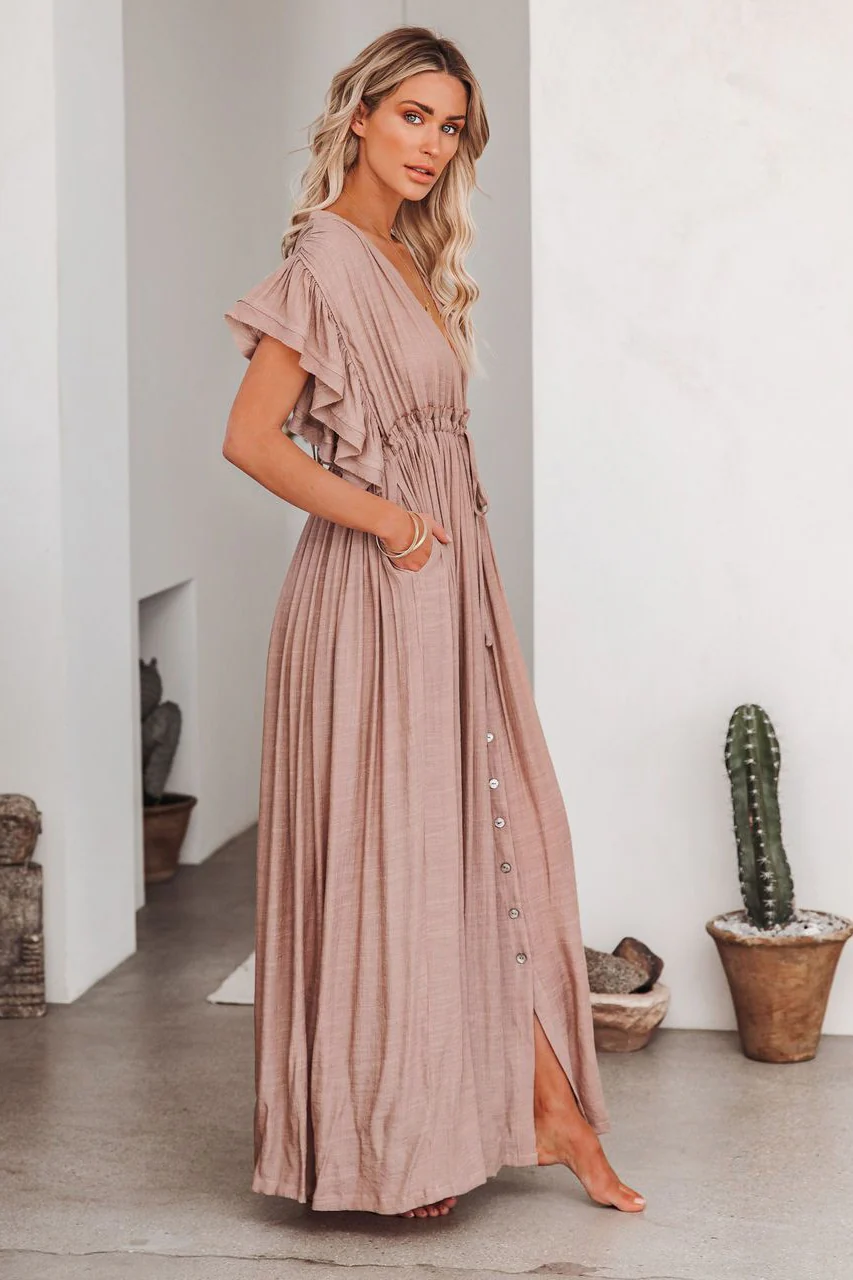 Button Front Drawstring Waist Maxi Boho Dress - Image 15