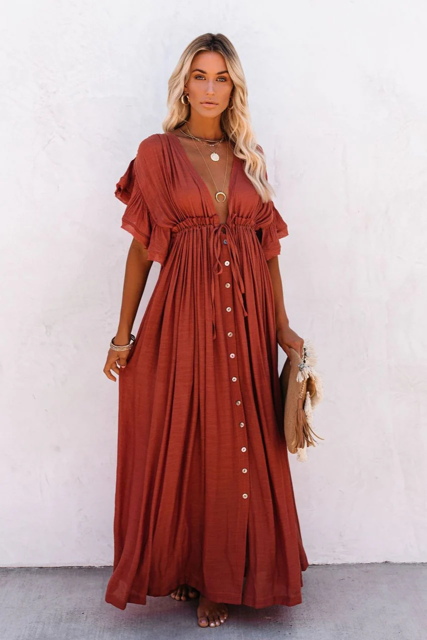 Button Front Drawstring Waist Maxi Boho Dress - Image 3