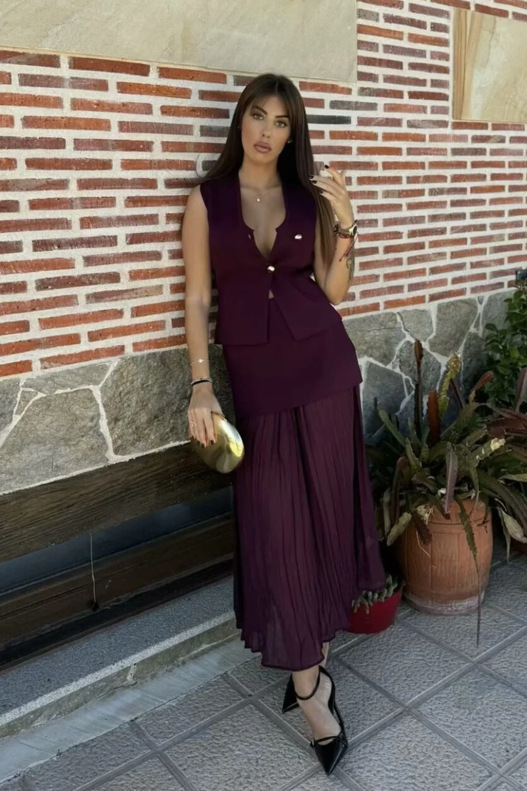 Button Front Two Piece Knit Vest Skirt Set - Image 7