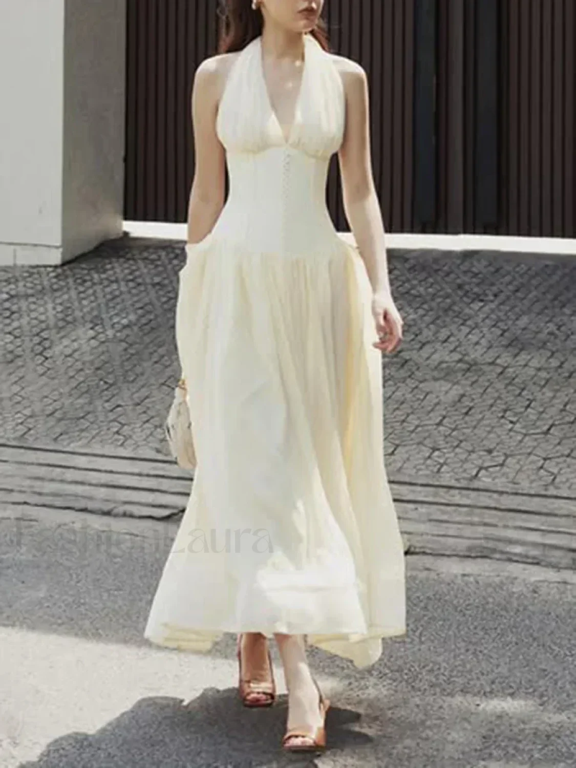 Buttoned Patchwork V Neck Maxi Dress - Image 11
