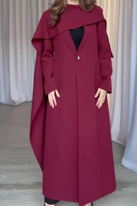 Cape Sleeve Solid Color Long Overcoat - Image 4
