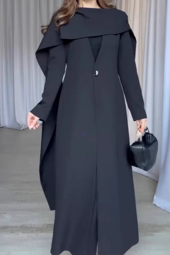 Cape Sleeve Solid Color Long Overcoat - Image 5