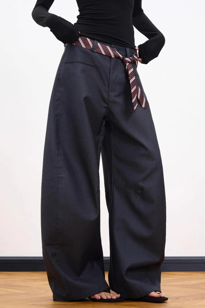 Casual Belt Detail Curved Wide Leg Pants - Image 3