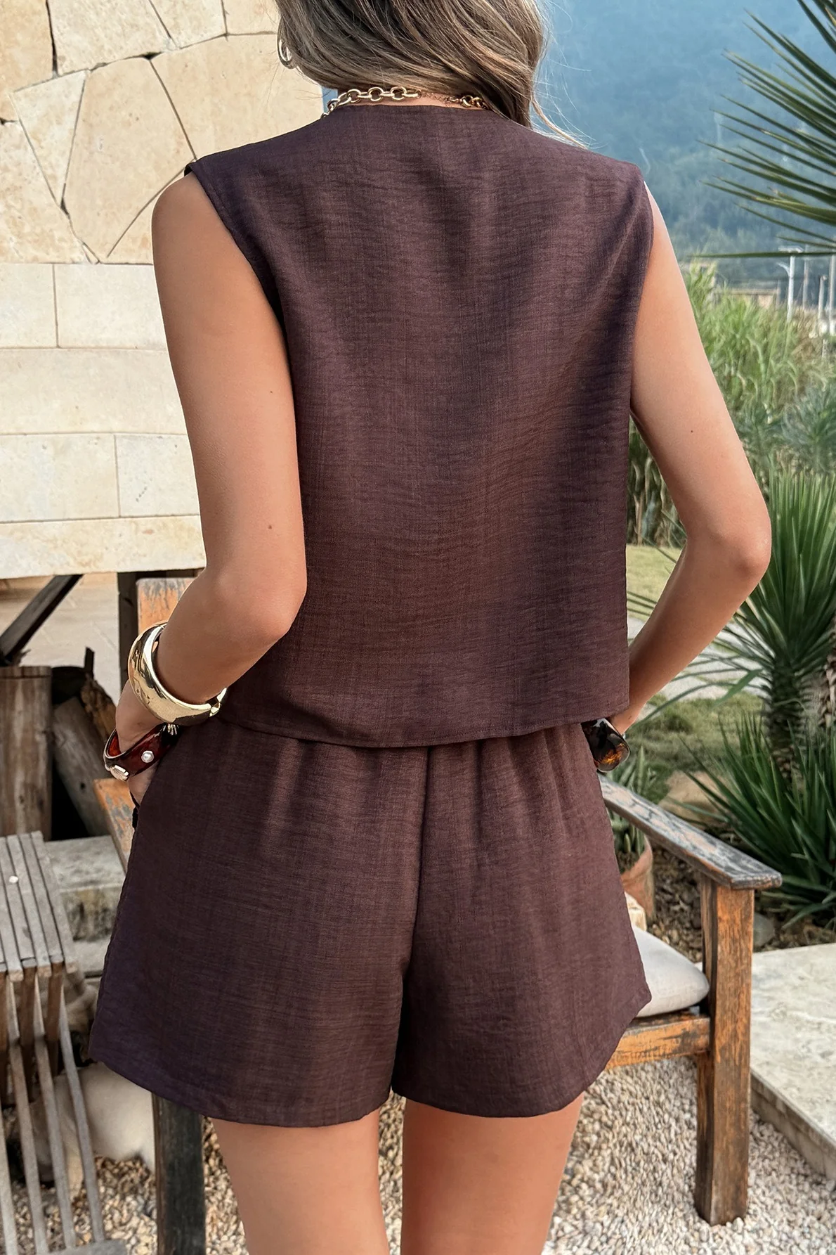 Casual Button Vest Two Piece Vacation Shorts Set - Image 5