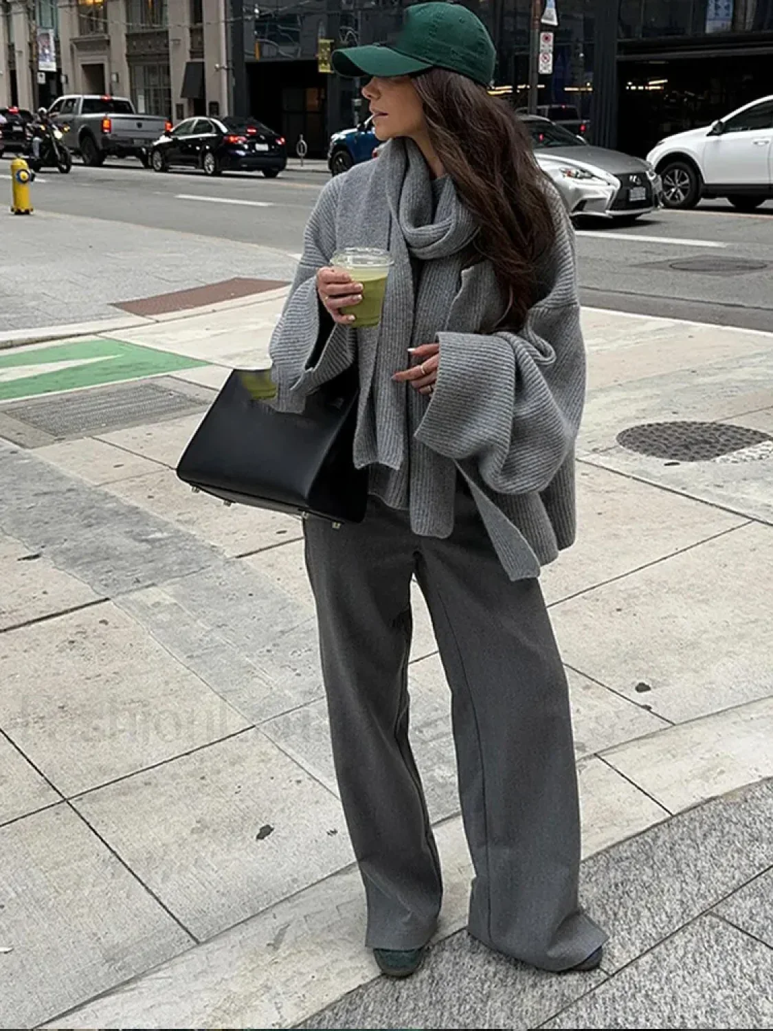 Casual Grey Cropped Oversize Women's Scarf Collar Long Sleeve Knitted Pullover Sweater - Image 11