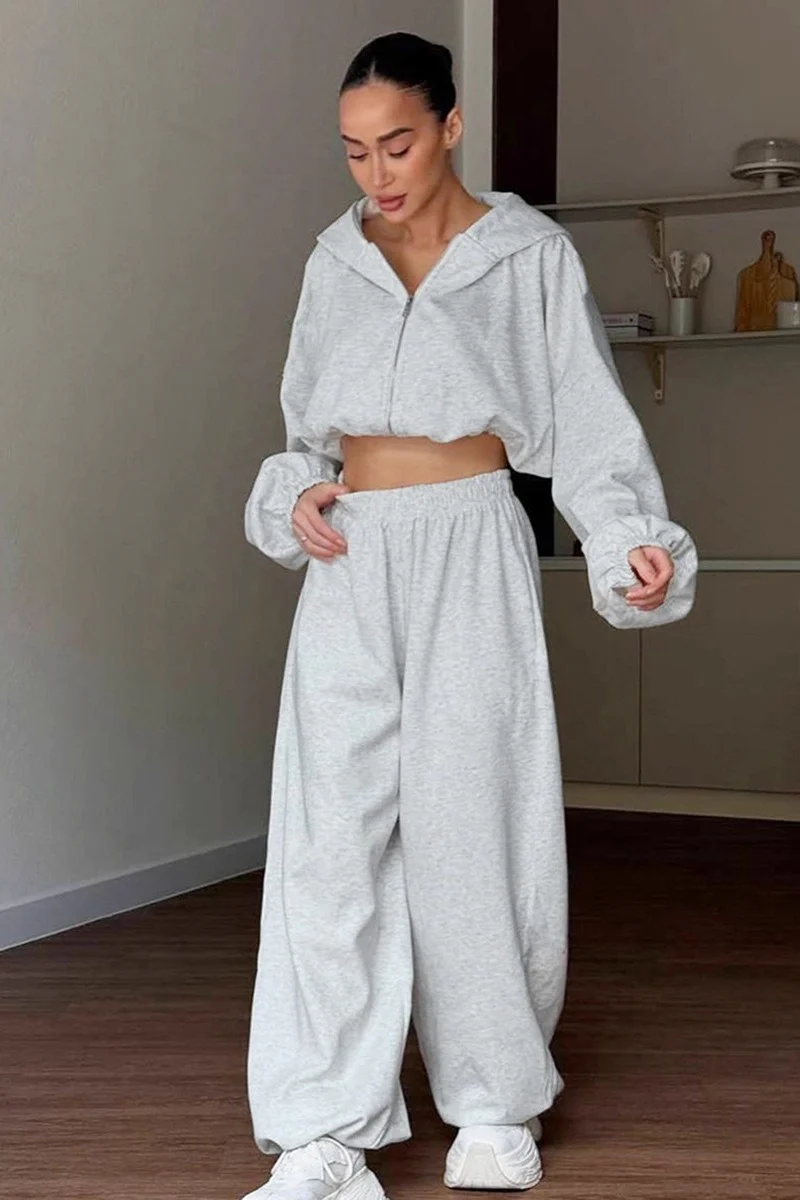 Casual Loose Fit Hoodie Cinched Waist Jogger Pants Set - Image 6